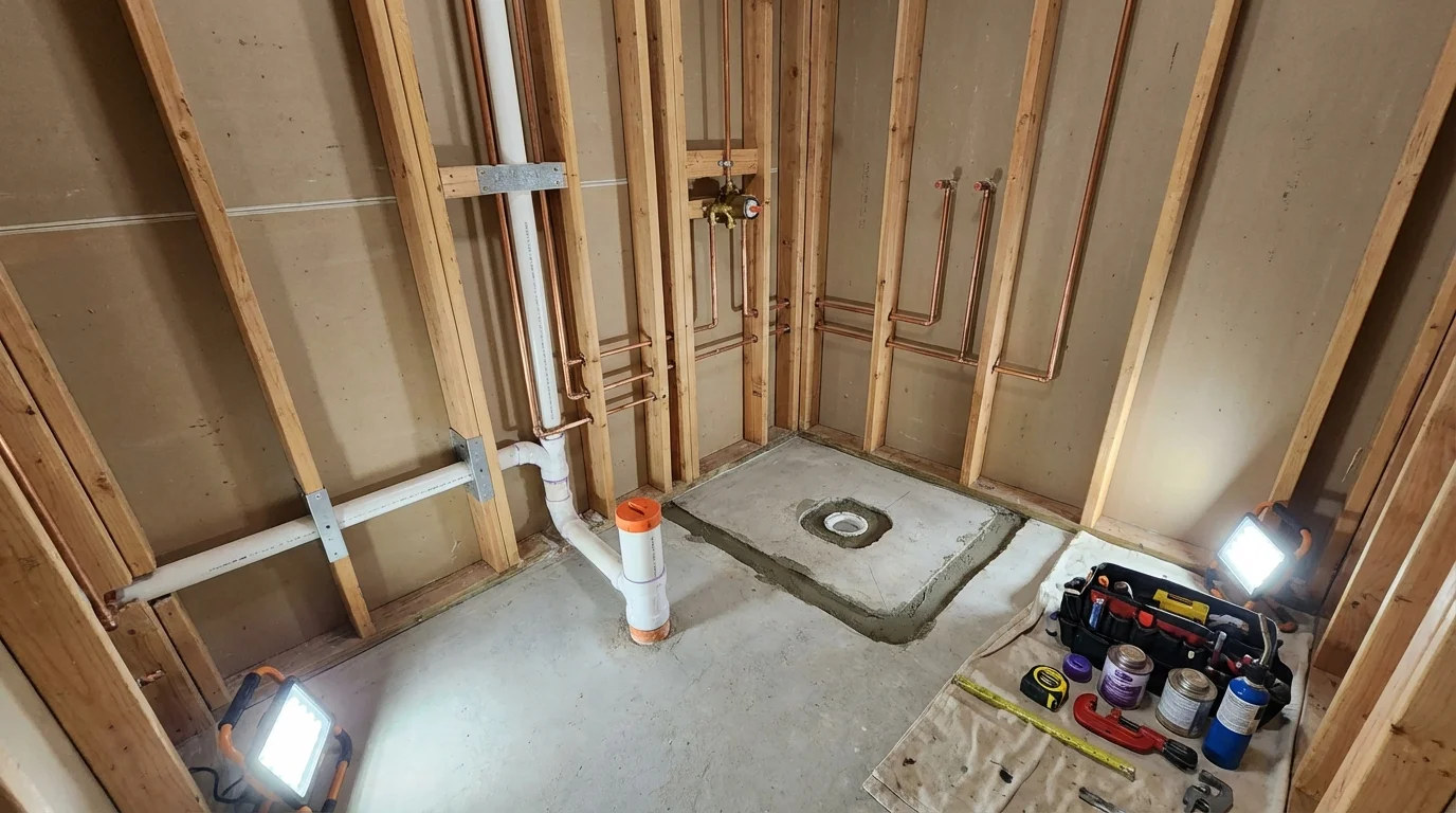 Bathroom rough-in plumbing during remodel by Johns Plumbing LLC in Calabash