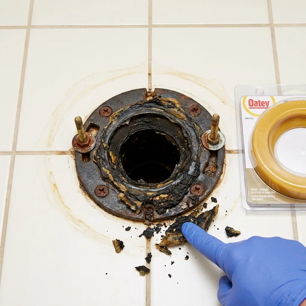 Failed wax ring showing water seepage at the base of a toilet in a Calabash, NC home